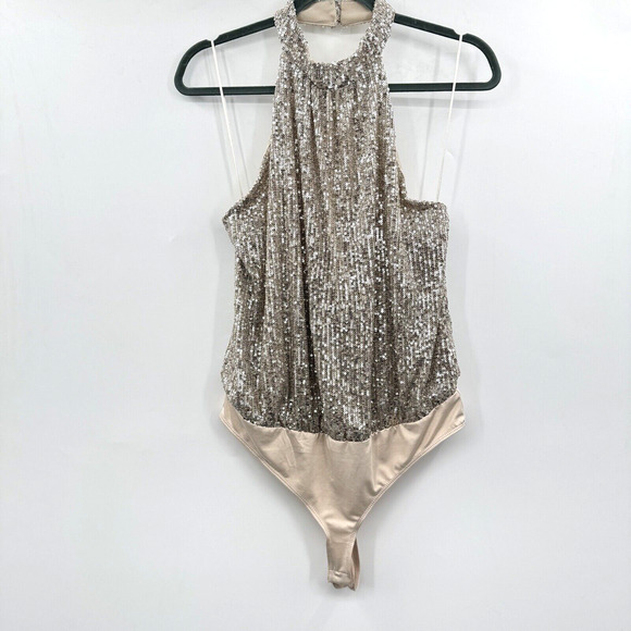 Rachel Zoe Allover Sequin Halter Bodysuit Size L Gold Beige Silver Party Glam - Picture 2 of 11
